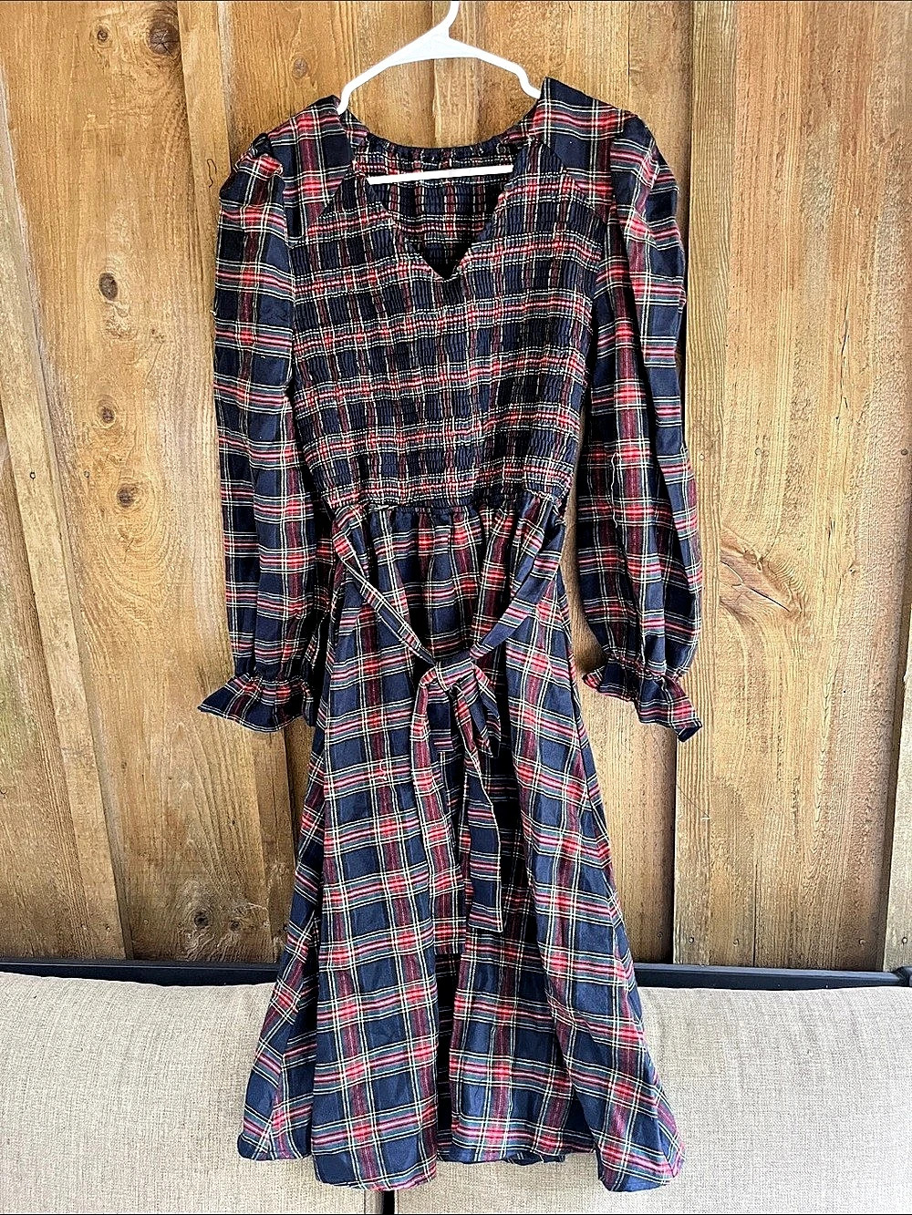 Cupshe Blue Plaid V-Neck Puff Shoulder Midi Dress Plaid Midi Dress in Blue & Red